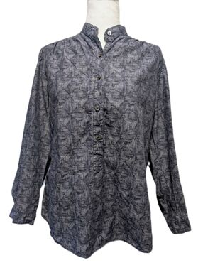 Mercy Women's Indigo Long-sleeved Button down Mandarin Collar Cotton Blouse -8-